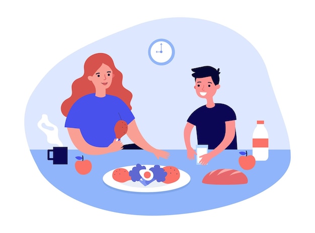 Mother and son eating healthy family breakfast together. Woman and child sitting at table in kitchen flat vector illustration. Healthy food diet concept for banner, website design or landing web page