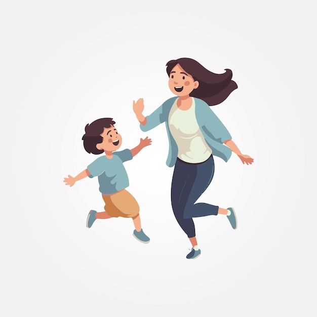 mother and son playing running vector illustration