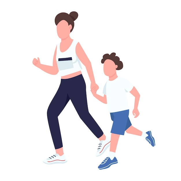 Mother and son running semi flat color vector characters