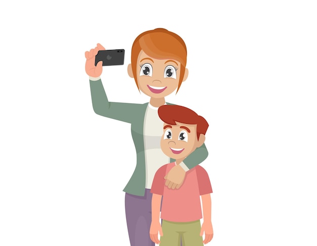 Mother and son taking selfie cute cartoon