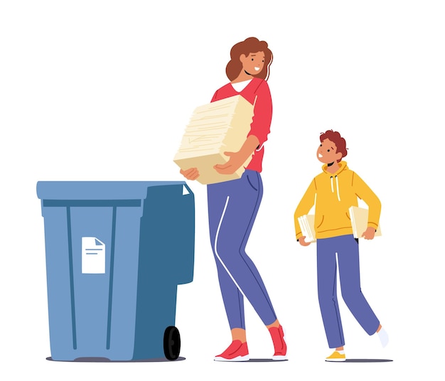 Mother and Son Throw Garbage into Containers with Sign for Recycle Paper Woman Use Bin for Collecting Litter