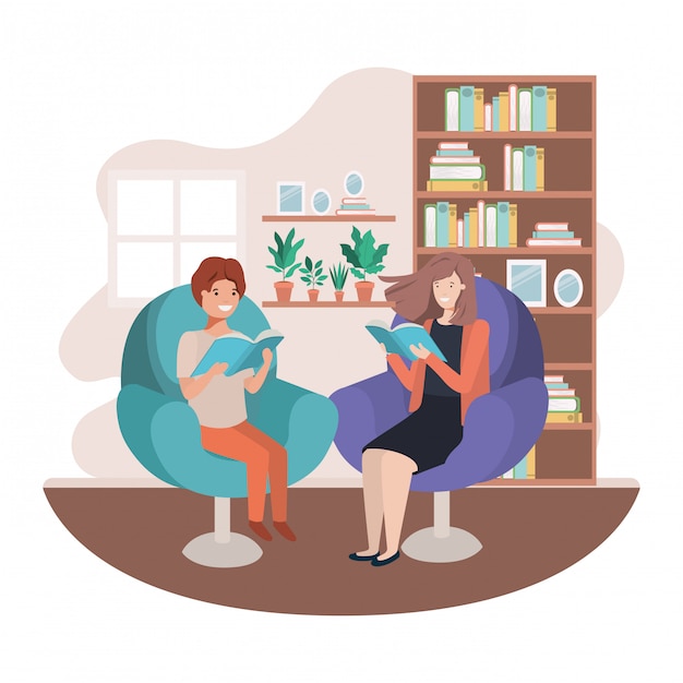 Mother and son with book in livingroom avatar character