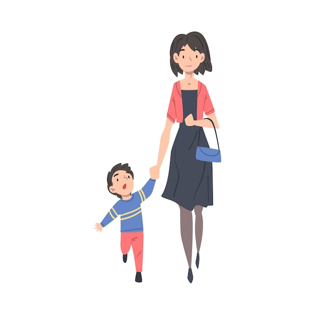 Mother Taking her Son to the School or Kindergarten in the Morning Parent and Kid Walking Together Holding Hands Cartoon Style Vector Illustration