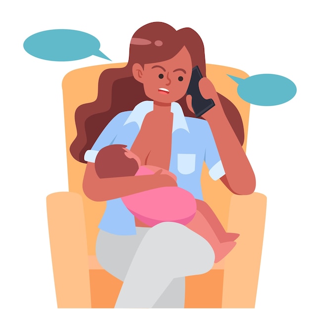 Mother talking on phone while breastfeeding