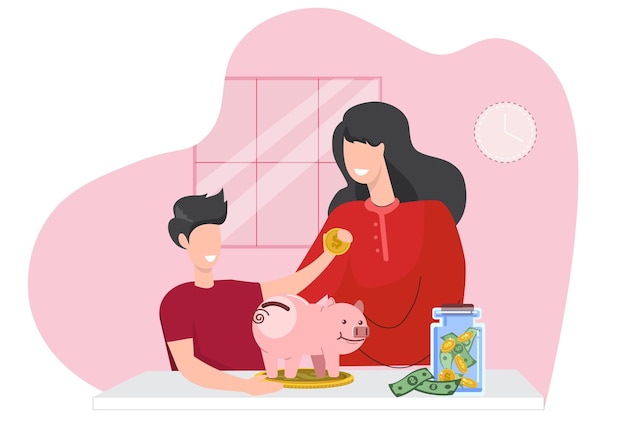 Mother teaches children about saving money Boy putting cash in a glass jar Vector illustration for finance deposit economy investment banking Concept