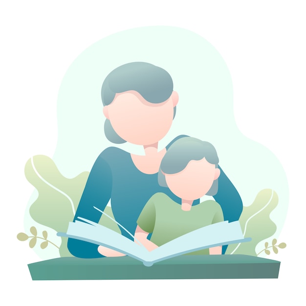 Mother Teaches Her Daughter Reading a Book Illustration 