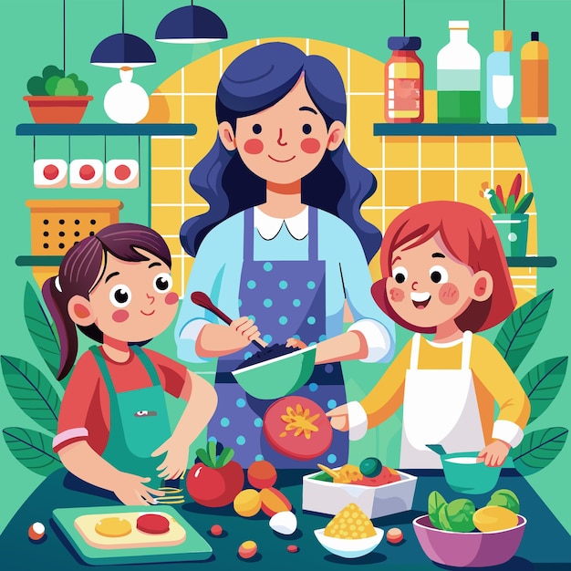 Vector a mother teaches her daughters to cook as they prepare colorful vegetables and ingredients together in a sunny kitchen filled with joyful energy