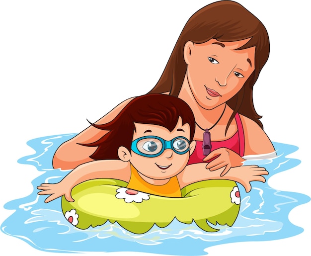 Mother teaching her son about swimming vector illustration