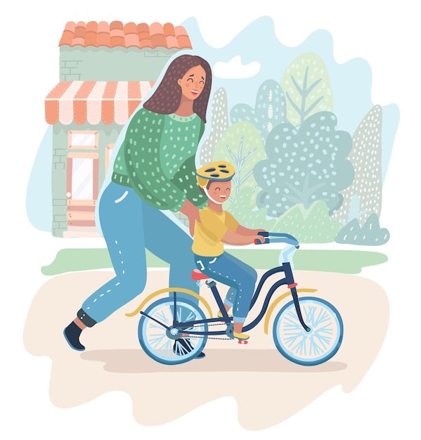 Mother teaching her son to ride bike for the first time. Mom teach her boy kid cycling on the nature. Parenting, motherhood concept. Vector cartoon illustration in modern concept