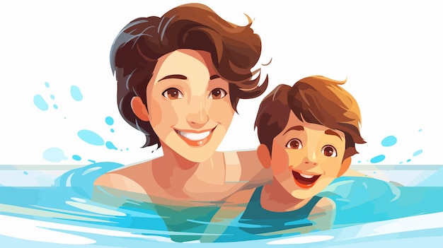 Mother Teaching Son Swimming Vector Illustration