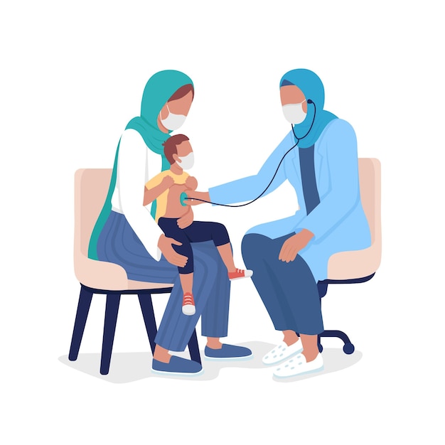 Mother and toddler visiting pediatrician semi flat color vector characters. Full body people on white. Doctor appointment isolated modern cartoon style illustration for graphic design and animation