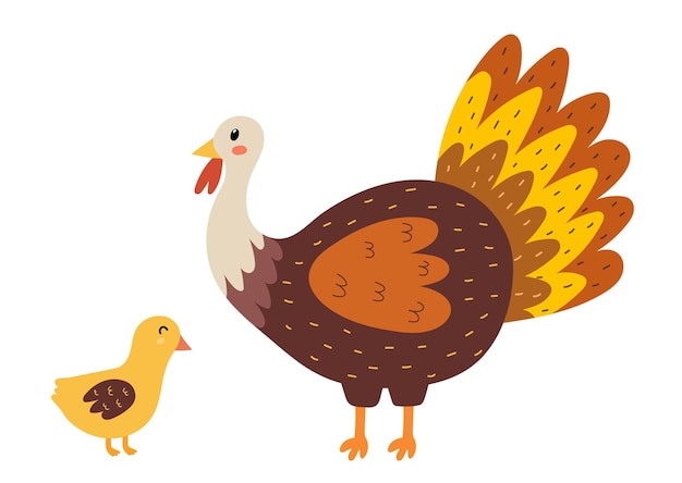 Mother turkey with her baby poult. Cute farm animal characters - mom and her child. Mother Day print