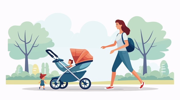 Vector mother walking stroller with baby concept of babysitter or mom taking a stroll