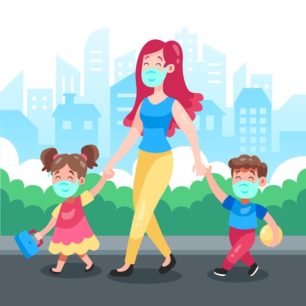 Mother walking with her children wearing mask