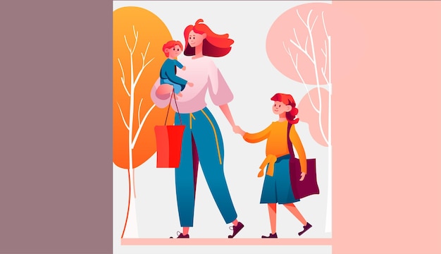 Mother walking with her little daughters loving family parenthood childcare concept mothers day card template