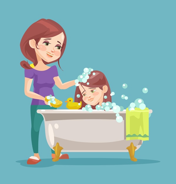 Mother wash her daughter.  flat cartoon illustration