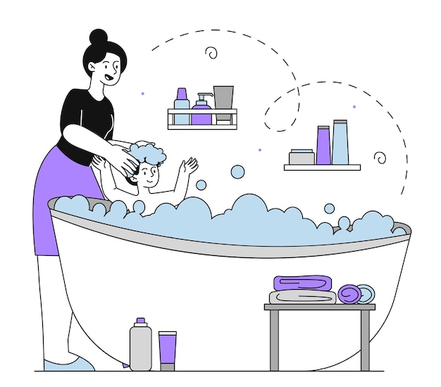 Mother washes child linear woman with kid in bath with soap bubbles hygiene and cleanliness