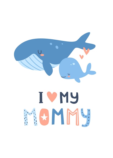 Mother whale with her baby Nursery poster with family whales Cute marine print with text