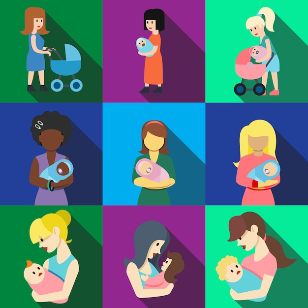 Mother with baby flat icons set elements, editable icons, can be used in logo, UI and web design