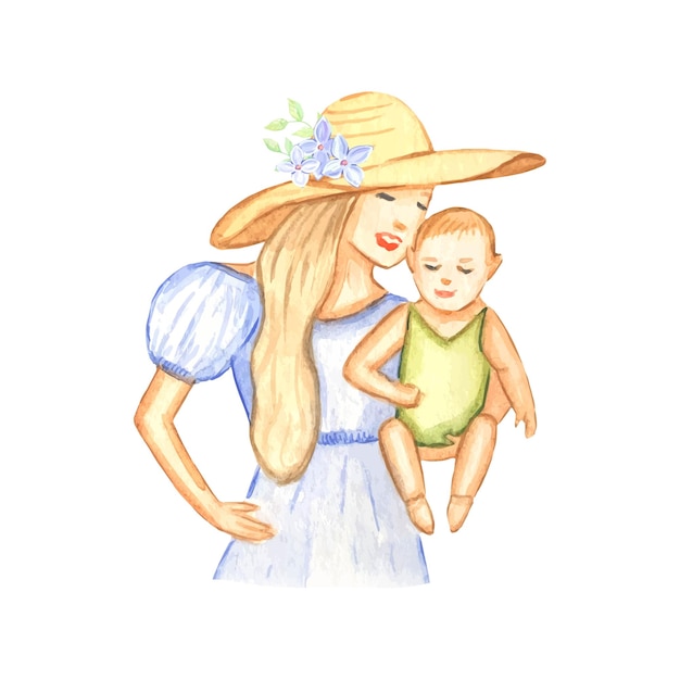 Mother with baby Mom holds the baby in her arms watercolor illustration