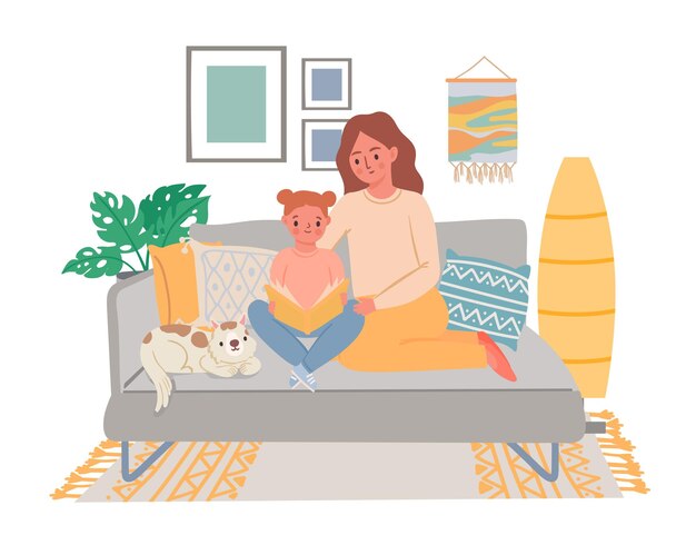 Vector mother with baby read book mom and daughter sitting on sofa and learning to read parent and kid spending leisure time