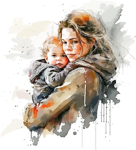 Vector mother with a child watercolor painting loving mother hold in arms embrace little baby girl child