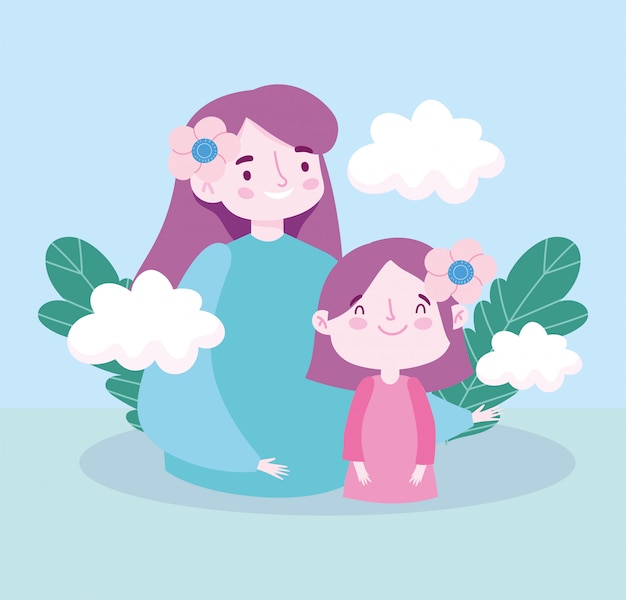 Mother with daughter flowers clouds and leaves   design