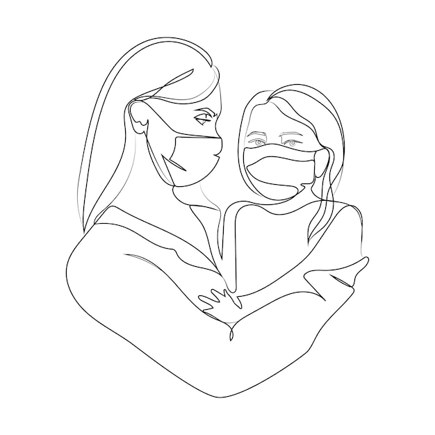 Mother with daughter in her arms with medical protective face masks,line drawing.vector