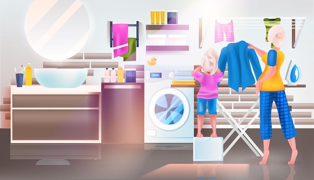 Vector mother with daughter ironing clothes in bathroom full length horizontal vector illustration