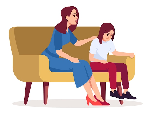 Mother with daughter sitting on sofa semi flat RGB color vector illustration. Woman with girl visiting psychologist consultation meeting isolated cartoon characters on white background