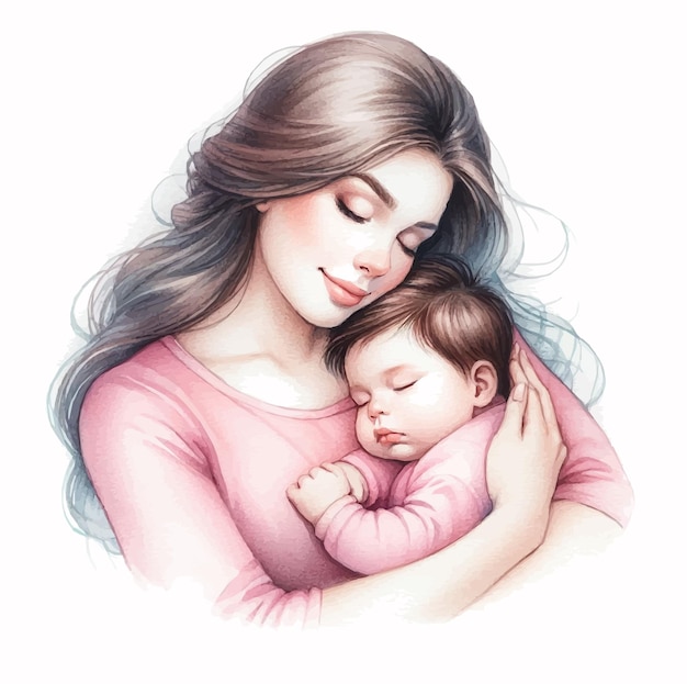 Mother with her baby on a white background Watercolor illustration