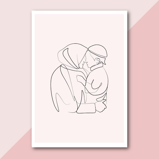 Mother with hijab holding her baby abstract line drawing wall art design