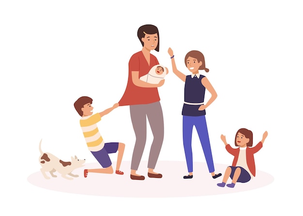 Mother with many children flat vector illustration. Tired single mom and naughty kids cartoon characters. Parenthood routine, motherhood burnout, babysitting concept. Exhausted housewife.