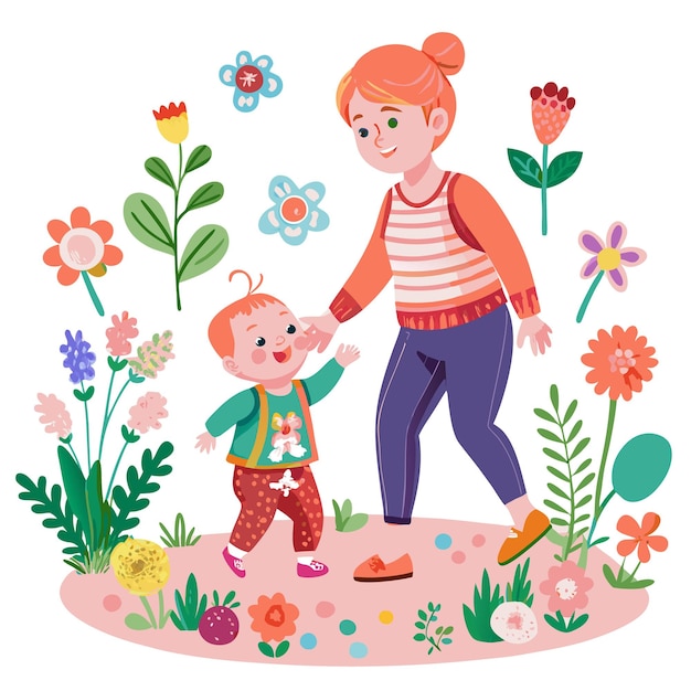 A mother with red hair and a baby with brown hair walk on a pink path with green grass and colorful flowers