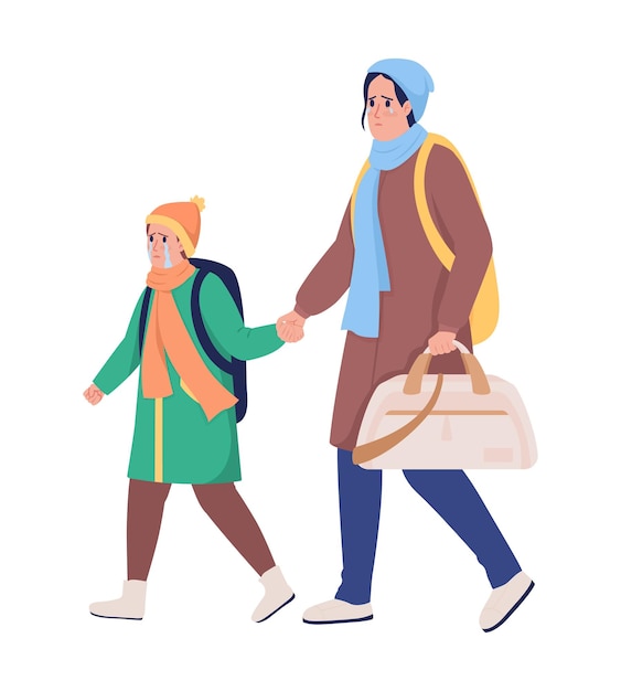 Mother with son running away from war semi flat color vector characters