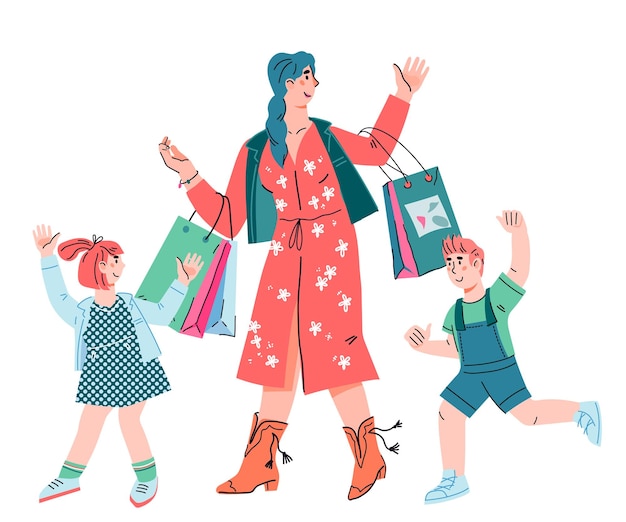 Mother with two children cartoon characters shopping  Family with shopping bags