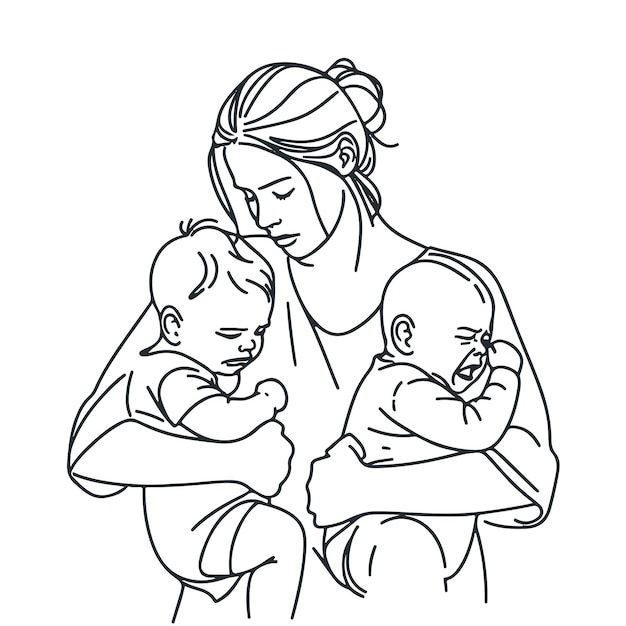 Mother with two crying children Sketch Motherhood