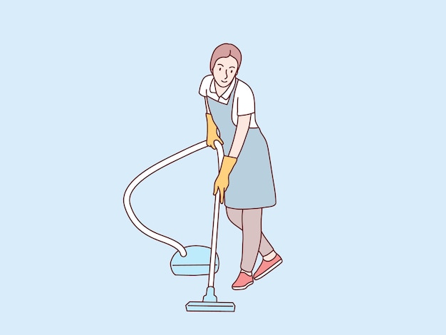 Mother woman with apron and gloves cleaning floor vacum cleaner simple korean style illustration