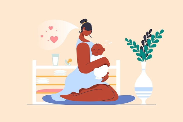 Motherhood concept with people scene in flat design Young mother holding and hugging little newborn baby enjoys her maternity and child care Vector illustration with character situation for web