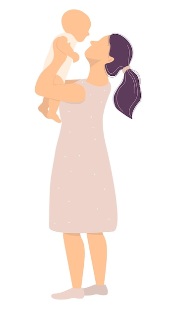 Vector motherhood and happy family young mother in dress with newborn baby in her arms vector illustration