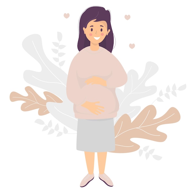 Motherhood Happy pregnant woman in a pink sweater and skirt tenderly hugs her stomach with hands