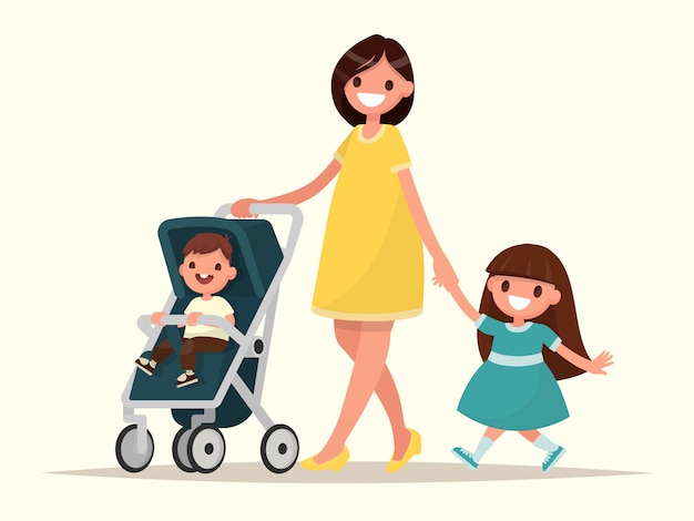 Motherhood. Happy young mother with her daughter and a toddler in a pram.  illustration