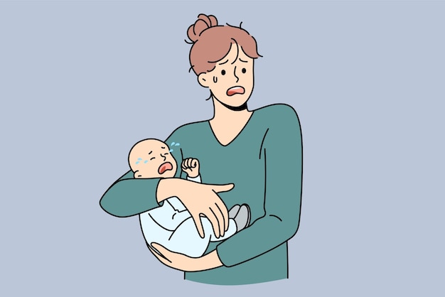 Motherhood problems and stress concept Young stressed woman mother holding her crying infant baby