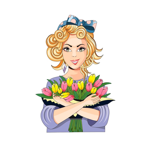 Mothers day 8 of March greeting card with girl and a bouquet of spring flowers vector illustration