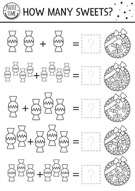 Mothers day black and white matching game with sweet box Holiday math line activity for preschool children with candy Educational printable counting worksheet or coloring page for kidsxA