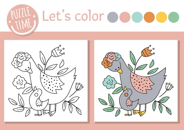 Mothers day coloring page for children with baby goose and mother Vector outline illustration showing family love Adorable spring holiday color book for kids with colored examplexA