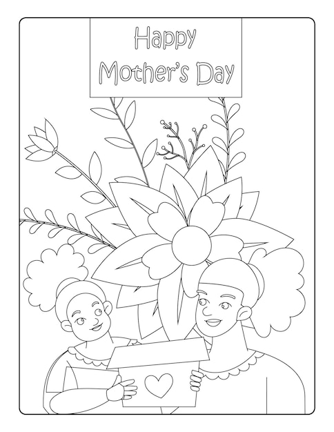 Mothers day coloring pages for children with cute mom son holiday black and white activity worksheet