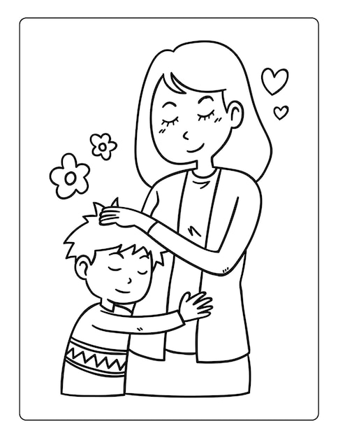 Mothers day coloring pages for children with cute mom son holiday black and white activity worksheet