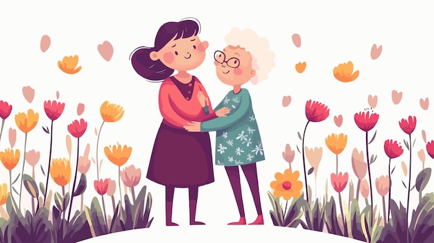 Vector mothers day concept girl hugs grandmother love and generations