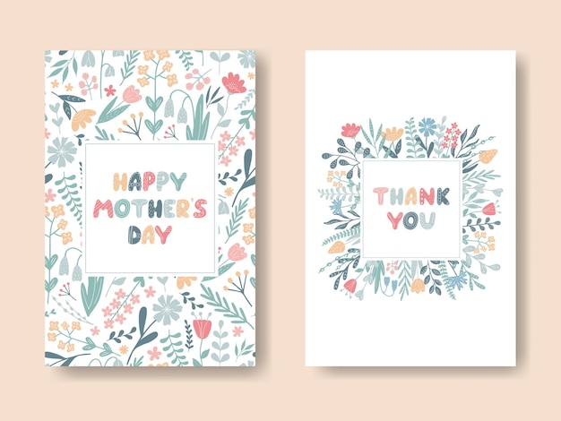 Vector mothers day cute floral background set colorful blooming square frames with wishes for mom template